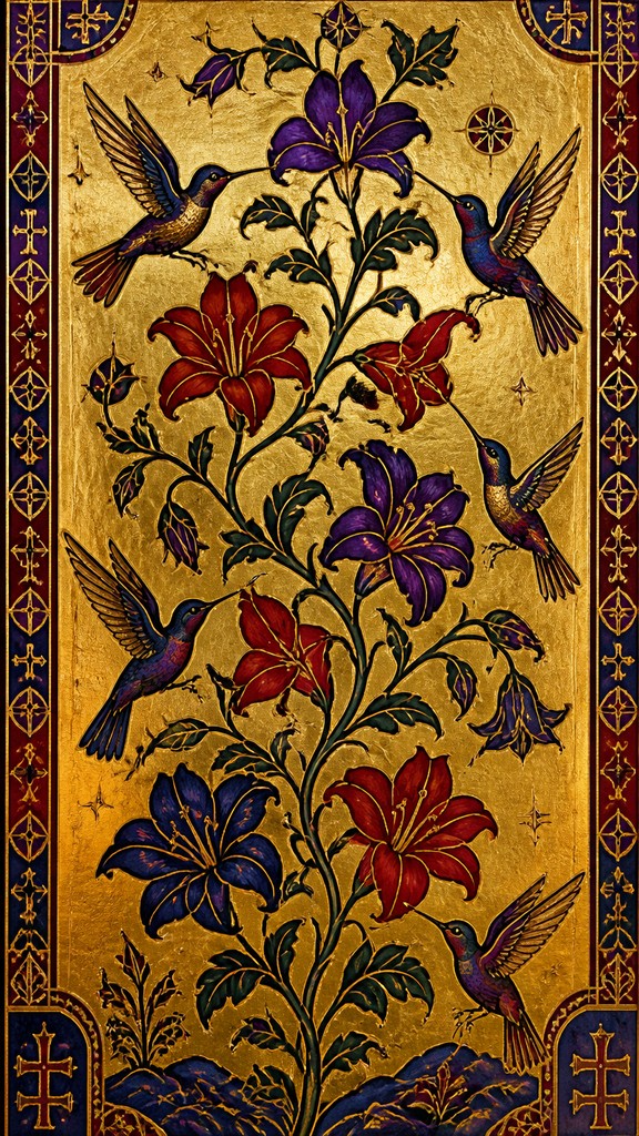 a climbing vine of flowers and hummingbirds on a dark background, tall wrapping composition, no text