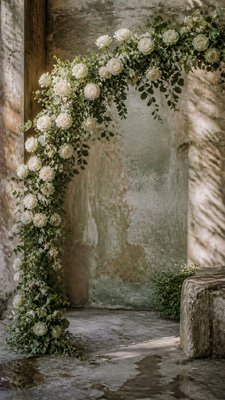 an arch of white roses and eucalyptus in soft morning light, elegant vertical composition with open space, no text