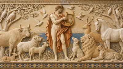 walking in the forest the ignudi Orpheus plays the lyre and charms the birds and animals