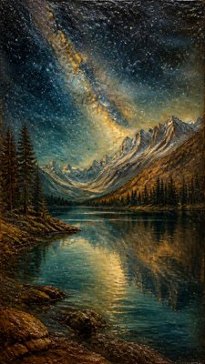a tranquil mountain lake beneath a starry night sky, no people, no text