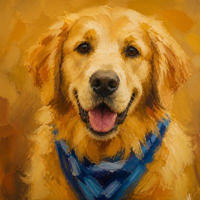 portrait of a golden retriever wearing a blue bandana, warm plain backdrop, no text