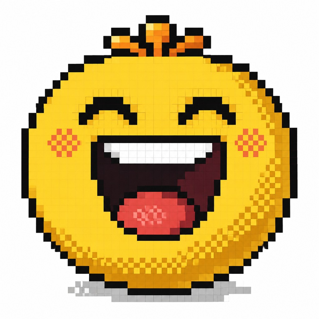 an exaggerated laughing face of an original round mascot character, bold and readable at small size, plain background, no text
