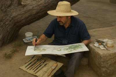 a man in a straw hat is painting on a piece of paper