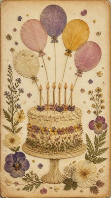 a birthday cake with lit candles surrounded by balloons and confetti, festive vertical composition, no text
