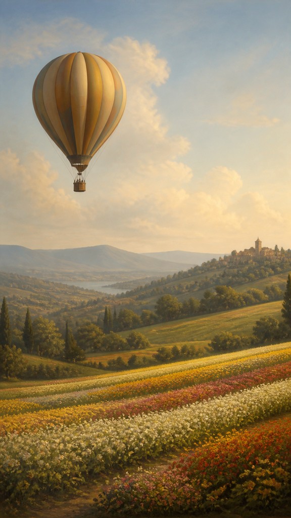 a hot air balloon drifting over rolling flower fields on a sunny day, cheerful, no text