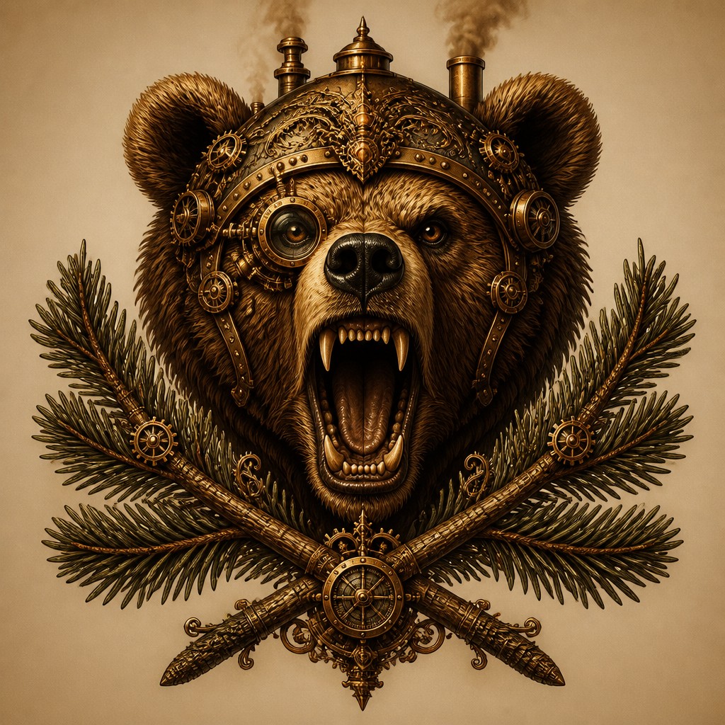 a roaring bear head above crossed pine branches, bold graphic composition on a plain background, no text