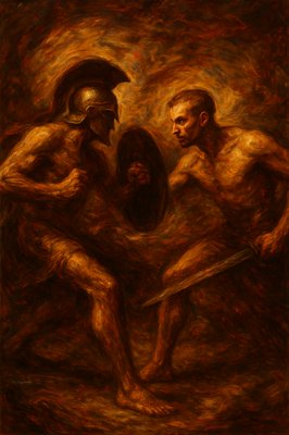 a painting of two men fighting each other