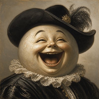 an exaggerated laughing face of an original round mascot character, bold and readable at small size, plain background, no text