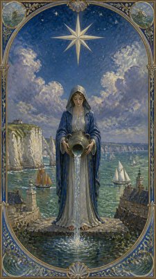 a robed figure pouring water beneath a large eight-pointed star in a night sky, symmetrical composition with an ornate decorative border, no text