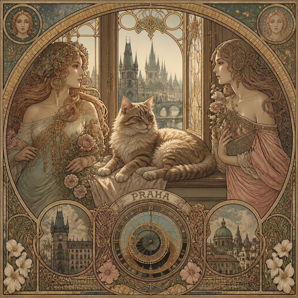 a cat lounging in a sunlit window — Czech Art Style