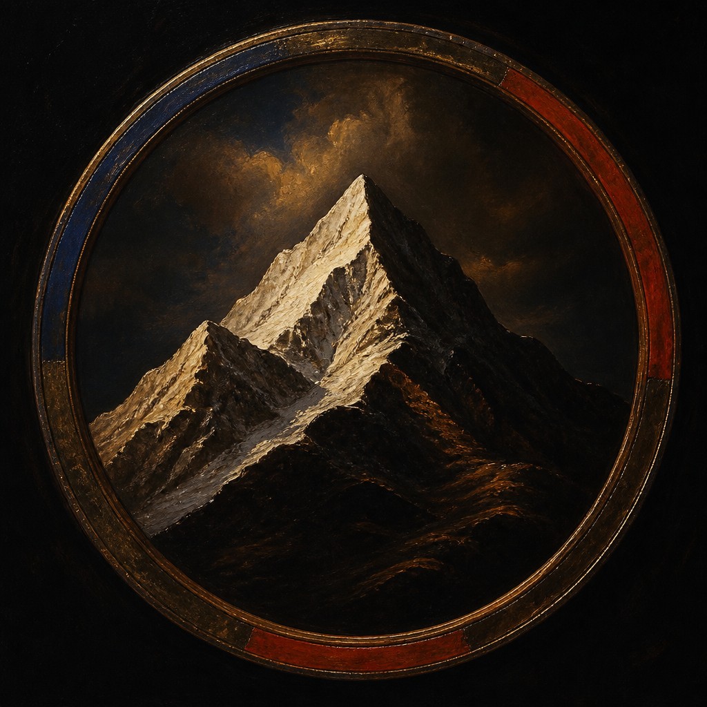 an emblem of a mountain peak inside a circle, simple bold shapes on a plain background, no text or lettering