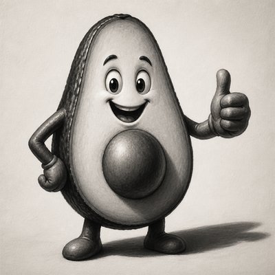 a happy avocado character giving a thumbs up, bold readable design on a plain background, no text