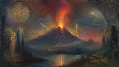 an erupting volcano with lightning strikes, dramatic wide composition, no text