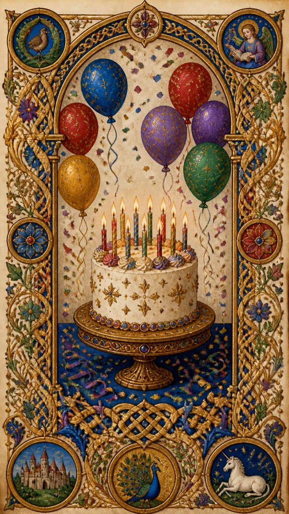 a birthday cake with lit candles surrounded by balloons and confetti, festive vertical composition, no text