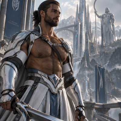 Je veux que tu me fasses un guerrier, tres modern avec une armure moderne genre full blanc argenté bleu claire avec le torse non couvert, on voit ses muscle et il a une barbe et des cheveux lisse mi long attacheé en arriere avec un elastic il est hot et un peu poilu pour le realisme il est brun et a des yeux bleu clair on dirait presque un dieu nordick modern , je repete on voit son torse poilu mais pas ses abdo genre un tenu qui couvre le bas du ventre 