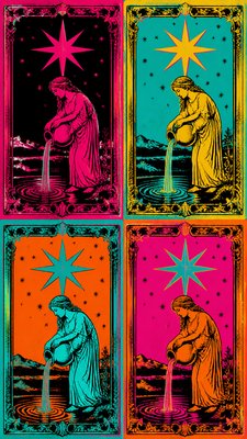 a robed figure pouring water beneath a large eight-pointed star in a night sky, symmetrical composition with an ornate decorative border, no text