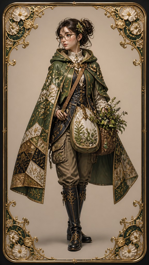 full-body original character: a wandering botanist with a satchel of plants, a patched green cloak, tall boots and round glasses, neutral background