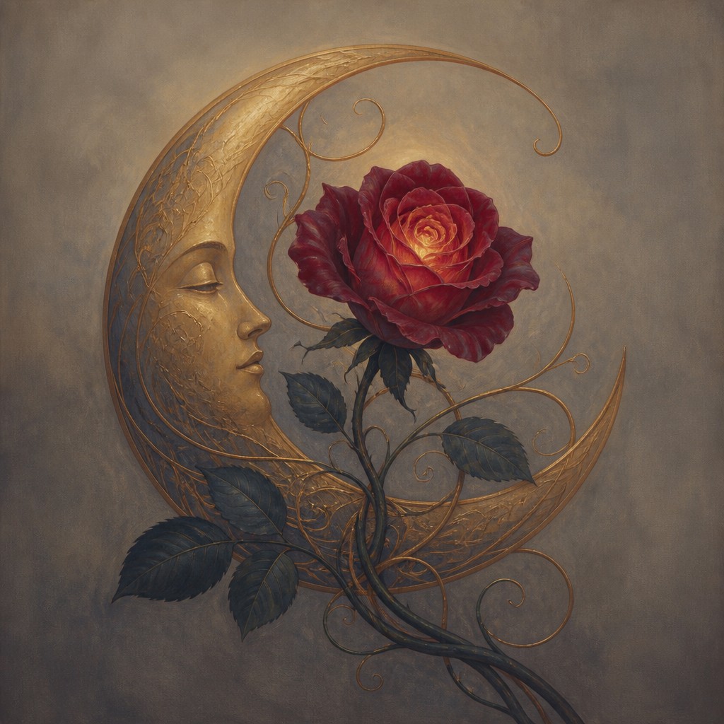 a rose entwined with a crescent moon, clean balanced composition on a plain background, no text