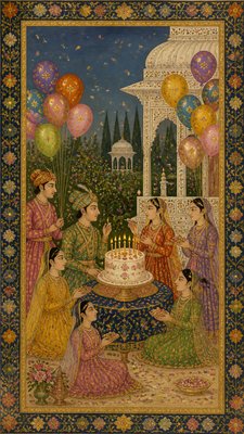 a birthday cake with lit candles surrounded by balloons and confetti, festive vertical composition, no text