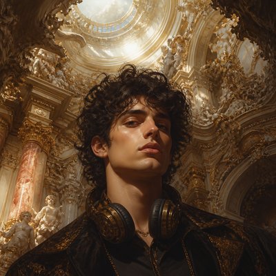 head-and-shoulders portrait of an original character: a young man with curly dark hair and headphones around his neck, plain backdrop, no text