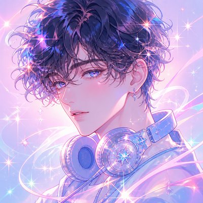 head-and-shoulders portrait of an original character: a young man with curly dark hair and headphones around his neck, plain backdrop, no text