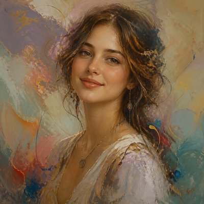head-and-shoulders portrait of an original character: a young woman with wavy chestnut hair and a warm smile, plain soft backdrop