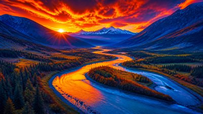 a vast valley with a river winding toward distant mountains at sunrise, no people, no text