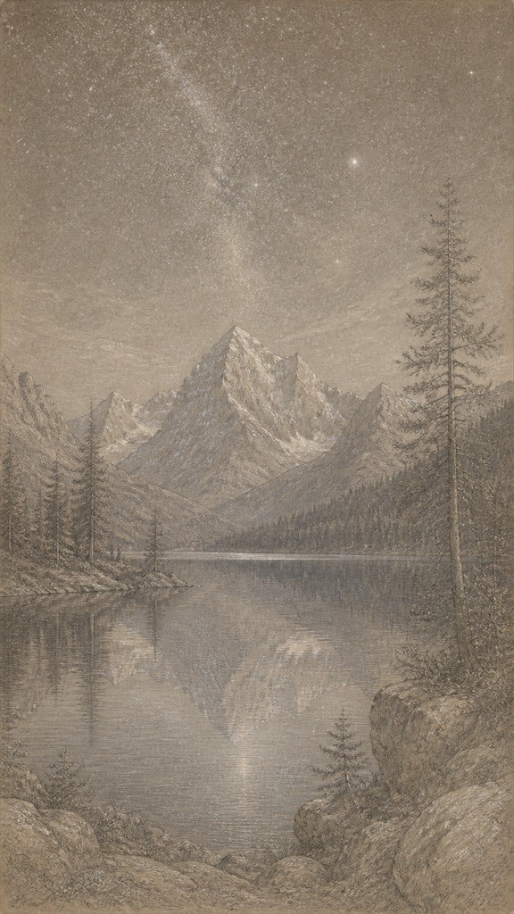 a tranquil mountain lake beneath a starry night sky, no people, no text
