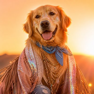 portrait of a golden retriever wearing a blue bandana, warm plain backdrop, no text