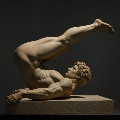 ancient greek athlete lying on his back with legs lifted over his body