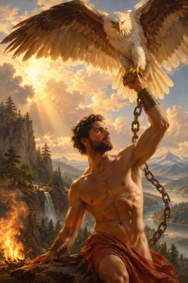 a painting of a man holding an eagle