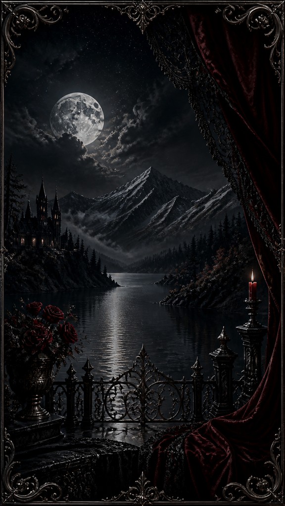a tranquil mountain lake beneath a starry night sky, no people, no text