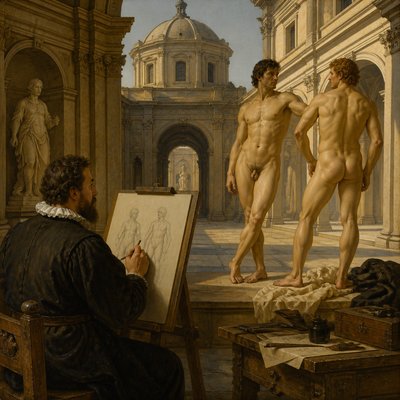 Peter Paul Rubens drawing two ignudi male
models posing for him
