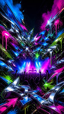 a live music scene with a glowing stage and silhouetted crowd, energetic vertical composition with open space at the top, no text
