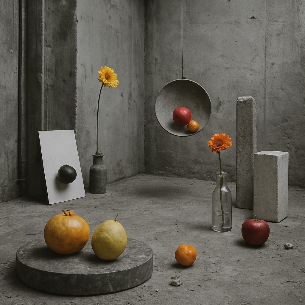 still life arrangement of fruits and flowers