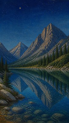 a tranquil mountain lake beneath a starry night sky, no people, no text