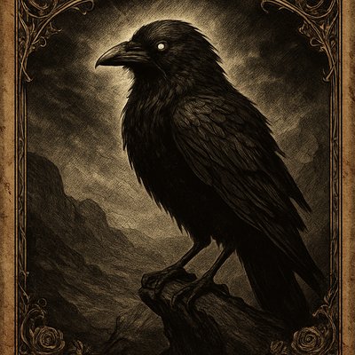 A solitary and intensely symbolic image depicting a magnificent, large black raven as the embodiment of judgment from Proverbs 30:17. The raven is portrayed with immense detail and an almost mythical presence, its feathers dark and glossy, its eyes glowing with a profound, ancient wisdom or stern disapproval. It is perched on a jagged, weathered tree branch or a sharp, craggy rock formation within a desolate, mist-shrouded valley.

The background is stark and emphasizes desolation, featuring barren, rocky slopes and a stormy, oppressive sky with heavy, dark clouds. The lighting is dramatic and stark, perhaps a single shaft of pale, cold light illuminating the raven, casting long, deep shadows around it. The focus is entirely on the raven, its sharp beak, and its piercing gaze, conveying a sense of ultimate, inescapable consequence. The overall mood is one of profound, somber judgment and the quiet, heavy weight of natural law, expressed through the powerful symbolism of the bird."