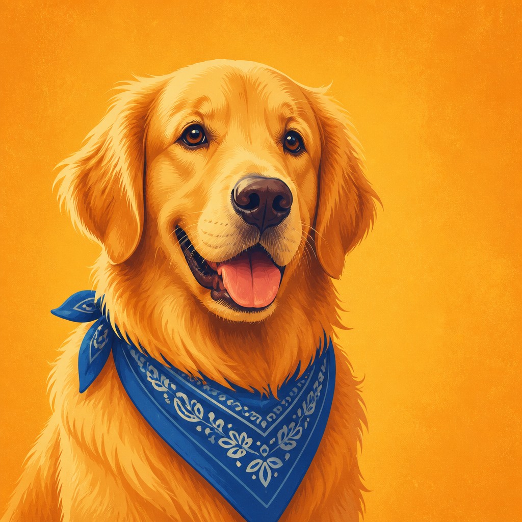 portrait of a golden retriever wearing a blue bandana, warm plain backdrop, no text