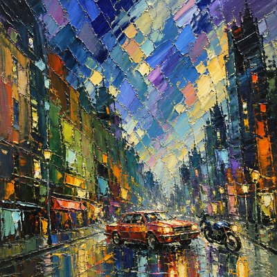 a painting of a city street at night