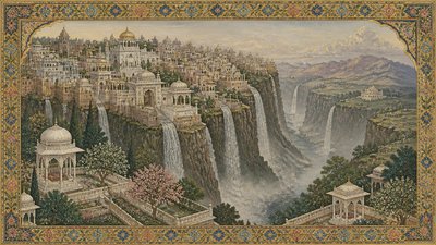 a cliffside city with waterfalls cascading into a misty canyon, wide establishing shot, no people, no text