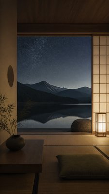 a tranquil mountain lake beneath a starry night sky, no people, no text