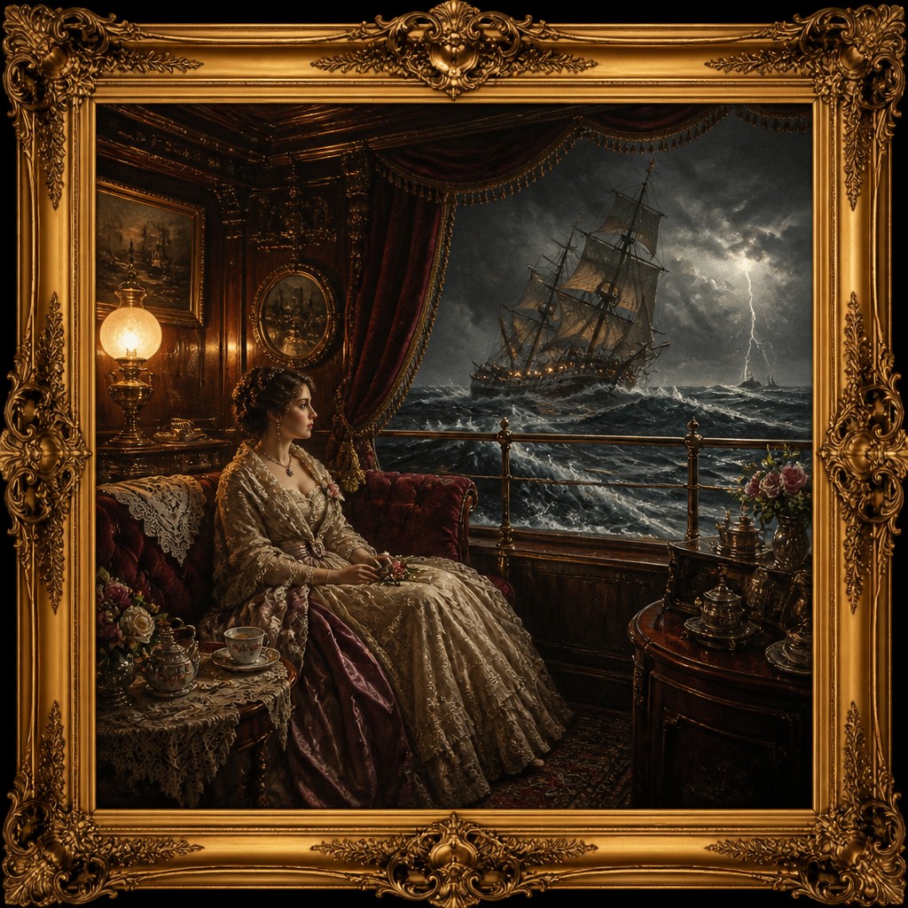sailing ship on a stormy sea — Victorian Art Style