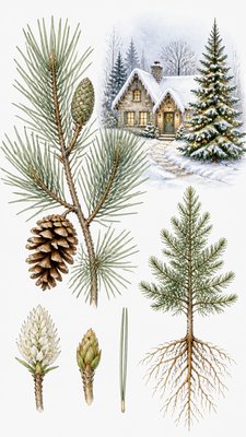 a snow-covered cottage with warm glowing windows beside a decorated pine tree, gentle snowfall, no text