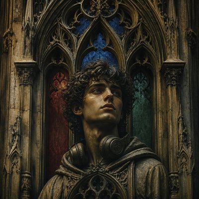 head-and-shoulders portrait of an original character: a young man with curly dark hair and headphones around his neck, plain backdrop, no text
