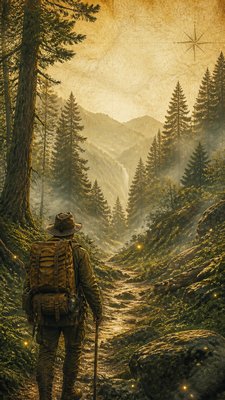 a mysterious forest path with fireflies and drifting mist, atmospheric vertical composition with open space at the top, no text