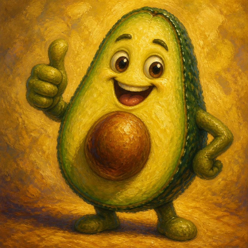 a happy avocado character giving a thumbs up, bold readable design on a plain background, no text