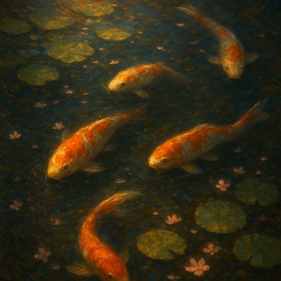 A koi pond seen from above, orange and white koi fish swimming among lily pads, clear water with subtle ripples, fallen cherry blossom petals floating on the surface, dappled sunlight