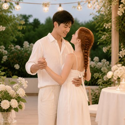 an original couple dancing under string lights in a garden at dusk: a man with short black hair in a linen shirt and a woman with braided red hair in a summer dress