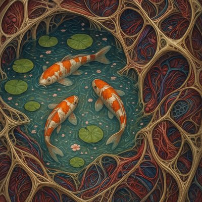 A koi pond seen from above, orange and white koi fish swimming among lily pads, clear water with subtle ripples, fallen cherry blossom petals floating on the surface, dappled sunlight