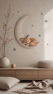 a sleeping baby fox curled on a crescent moon among soft stars, gentle and warm, no text